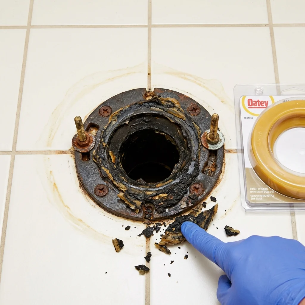 Failed wax ring showing water seepage at the base of a toilet in a Broken Bow, OK home