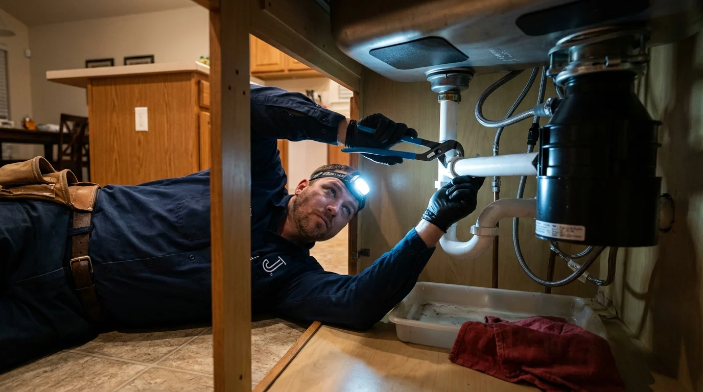 P-trap and supply line connections under a kitchen sink showing a common leak point in Broken Bow, OK